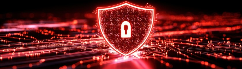 A digital shield symbolizing cybersecurity, featuring a padlock over a radiant red background. Represents online protection and safety in a high-tech environment.