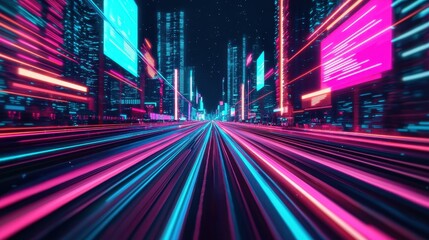 Fototapeta premium A futuristic highway stretching through a neon-lit cityscape at night, glowing holographic billboards, Cyberpunk, Digital art ,closes up