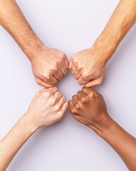Fototapeta premium A diverse group of hands in a fist pose, representing unity, strength, and teamwork against a light background.