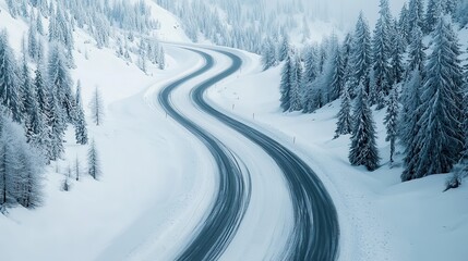 Obraz premium Aerial shot of a snow-covered mountain highway, with cars leaving trails in the snow, serene winter landscape, Photography