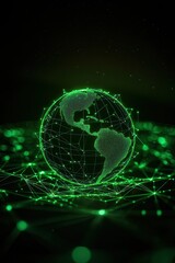 Obraz premium A glowing green globe interconnected by networks, representing technology and global connectivity against a dark background.