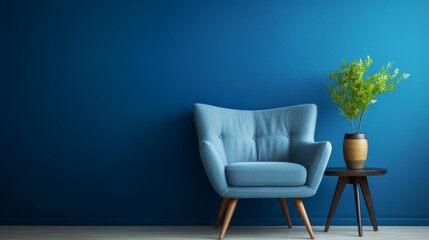 interior design concept armchair with blue upholstery coffee table with wooden surface on blue wall background with a green plant