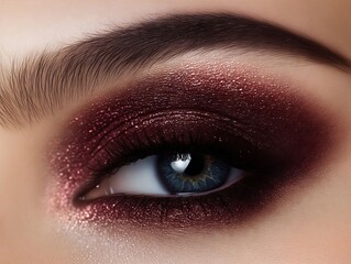 A close up of a woman's blue eye with a red eye shadow