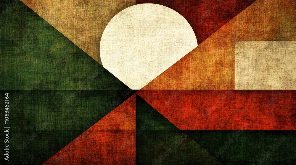 Poster A composition of diagonal lines with overlapping hexagons and rectangles, featuring soft gradients and bold color contrasts