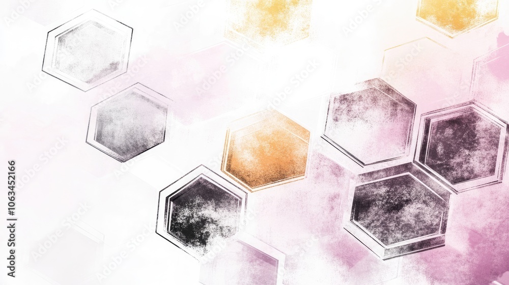 Poster A composition of diagonal lines with overlapping hexagons and rectangles, featuring soft gradients and bold color contrasts