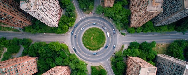 Overhead shot of a highway roundabout surrounded by city buildings, cars moving in a circular pattern, Urban, Photography