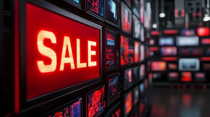 Obraz premium Gigantic TV Wall with Flashing 'SALE' Notice in Minimalistic Pop Art Electronics Store