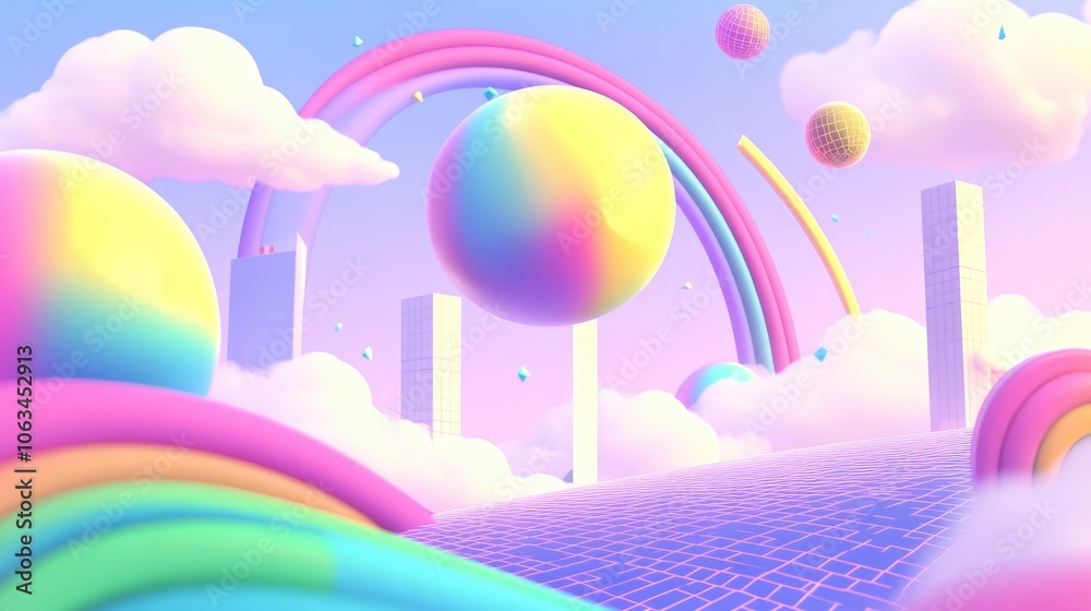 Poster A rainbow static background with colorful, floating geometric shapes and pixelated elements creating a retro glitch vibe.