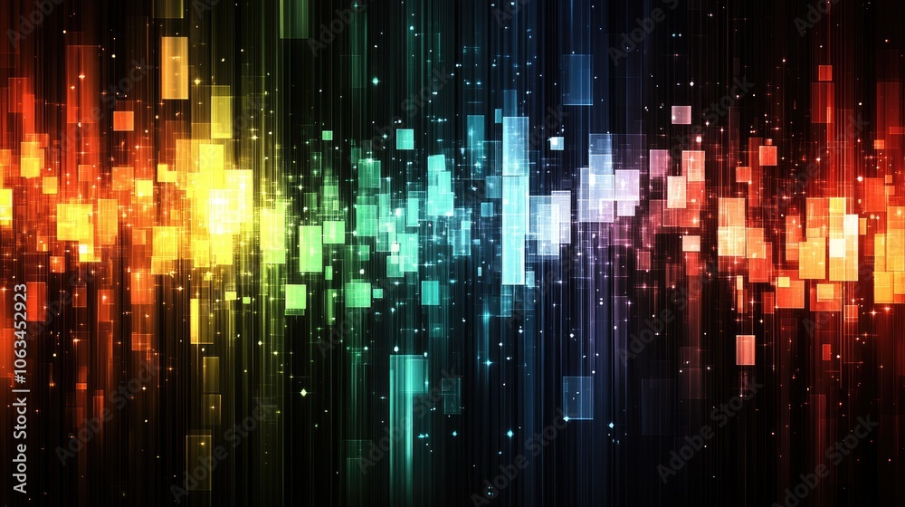 Poster A rainbow static background with colorful, floating geometric shapes and pixelated elements creating a retro glitch vibe.