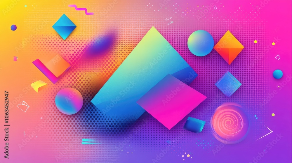 Poster a rainbow static background with colorful, floating geometric shapes and pixelated elements creating