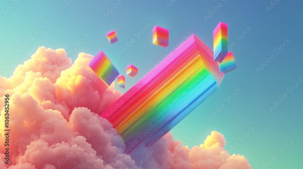 Poster a rainbow static background with colorful, floating geometric shapes and pixelated elements creating