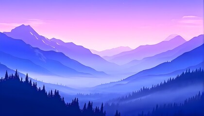 Obraz premium gentle fog rolling over minimalist mountain shapes, subtly changing colors from blue to lavender