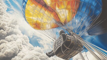 Fototapeta premium Thrilling Paragliding Adventure: Man Leaping with Vibrant Oversized Parachute Amidst Fluffy Clouds - Perfect Poster for Sports Interiors and Adventure Enthusiasts!
