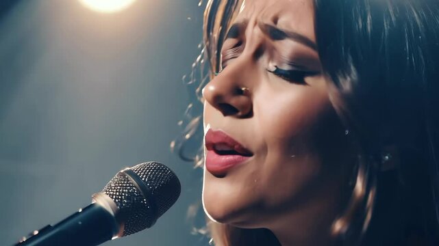 A female singer with a soft expression sings into the microphone on stage, highlighted by soft lighting that enhances the emotional depth.
