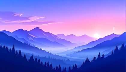 Obraz premium gentle fog rolling over minimalist mountain shapes, subtly changing colors from blue to lavender