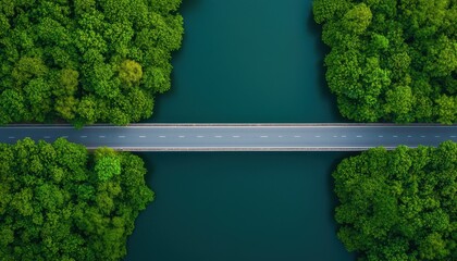 Aerial view of a highway bridge crossing over a wide river, reflections of the structure in the calm water, Peaceful, Photography