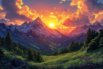 charming drawing of majestic mountains and lush green landscapes under a vibrant sunset rich hues blending in the sky evoking tranquility and adventure in natures embrace