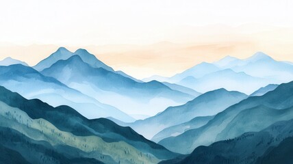 Obraz premium Serene mountain landscape with layers of blue and teal hues, soft pastel sky.
