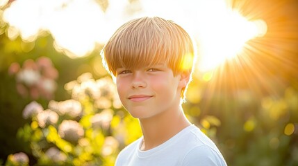 Fototapeta premium Boy Smiling Against a Vibrant Sunset Background