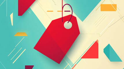 Abstract geometric art with red tag and colorful shapes