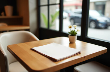 wooden table in cafe with chairs near window with empty menu for advertising
