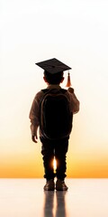 A silhouette of a child wearing a graduation cap and holding a diploma against a stunning sunset background, symbolizing achievement and hope.