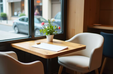 Fototapeta premium wooden table in cafe with chairs near window with empty menu for advertising