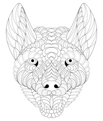 Vector illustration of black and white image of sabaka dingo portrait. Drawn in zentangle style for t-shirt design or tattoo. antistress coloring page with wildlife.