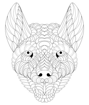 Vector illustration of black and white image of sabaka dingo portrait. Drawn in zentangle style for t-shirt design or tattoo. antistress coloring page with wildlife.