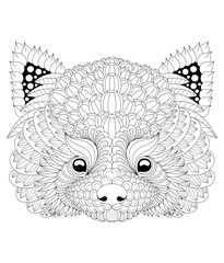 Vector illustration of black and white red panda face. Drawn in zentangle style for t-shirt design or tattoo. antistress coloring page with wildlife. Antistress coloring page with red panda,