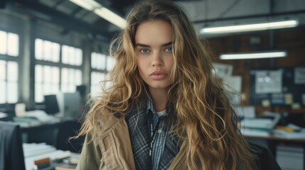 Fototapeta premium A young woman with wavy hair confidently holds a professional camera in a naturally lit studio, embodying a creative and focused atmosphere.