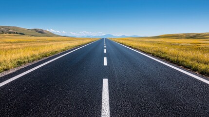 Fototapeta premium A highway running through a flat, green landscape of fields and distant hills, under a bright blue sky, Calm and expansive, Photography ,closes up
