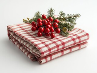 christmas checkered tablecloth folded on a white background 