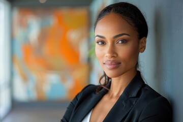 A confident businesswoman smiles thoughtfully, gazing away. The background features a colorful abstract mural, adding vibrancy to the professional setting.