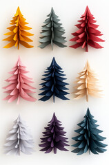Obraz premium A set of colorful Christmas trees in different colors and sizes, arranged in an orderly manner against a white background.