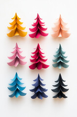 A set of colorful Christmas trees in different colors and sizes, arranged in an orderly manner against a white background.