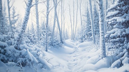 Obraz premium A beautifully detailed artwork of trees blanketed in pristine snow,