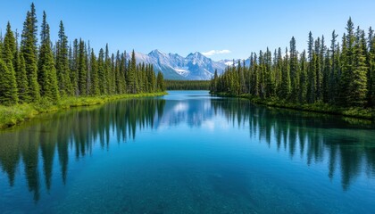 Obraz premium Highway running alongside a crystal-clear river, with tall trees reflecting in the water, peaceful atmosphere, Photography