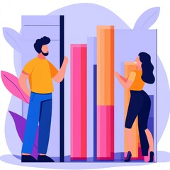 Two people analyzing colorful bar graphs in a modern, abstract setting.