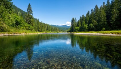 Highway running alongside a crystal-clear river, with tall trees reflecting in the water, peaceful atmosphere, Photography