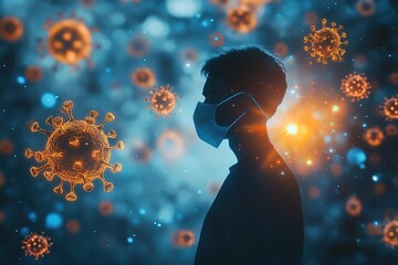 Silhouetted person wearing a face mask amidst a digital representation of red virus particles, symbolizing pandemic, health precautions, and viral spread