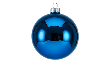 A single classic round Christmas ball ornament in metallic bright blue colo on a pure transparent background.