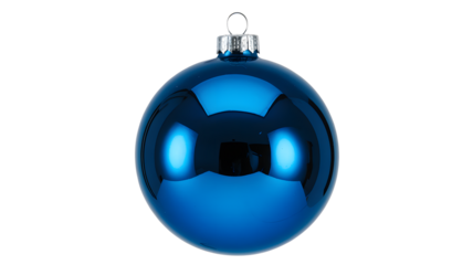 A single classic round Christmas ball ornament in metallic bright blue colo on a pure transparent background.
