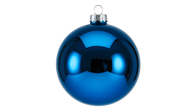 A single classic round Christmas ball ornament in metallic bright blue colo on a pure transparent background.