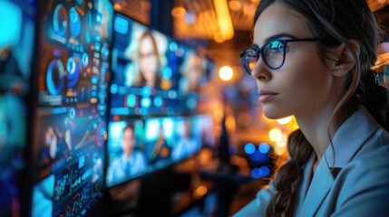 A focused businesswoman in glasses supervises data on multiple screens in a modern, tech-driven office setting, indicating a collaborative, high-tech environment.