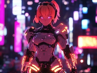 Futuristic sci-fi anime character in glowing tech armor amidst neon cityscape a visual journey into cybernetic realms