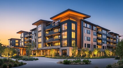 Obraz premium Modern apartment building with glass balconies and wooden accents, illuminated by warm sunlight