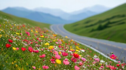 Obraz premium A highway curving through green hills, bordered by colorful spring flowers, clear sky and calm atmosphere, Nature-inspired, Photography ,closes up