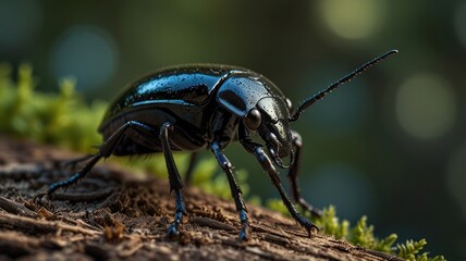 Fototapeta premium a black beetle, its shiny exoskeleton glistening in the sunlight. The beetle's intricate details, including its segmented body, powerful legs, and delicate antennae, are clearly visible.