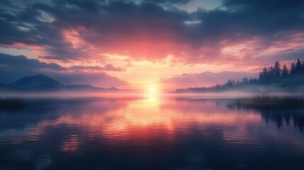 Fototapeta premium A breathtaking sunrise over a tranquil lake, the golden rays